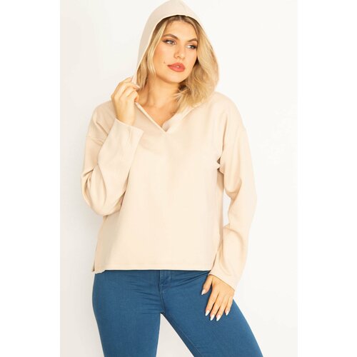 Şans Women's Plus Size Beige Hooded Side Slit Lycra Sweatshirt Cene