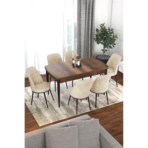 Hanah home trpezarijski set Via, sto na razvlačenje i 6 stolica, ploča u dekoru drveta Baroque, krem tkanina Jerry Cene