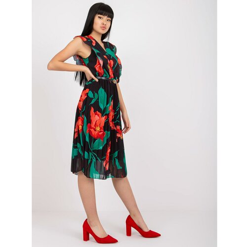 Fashion Hunters Black and red midi floral pleated dress Cene