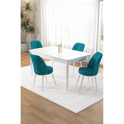 Hanah home trpezarijski set Pir, sto i 4 stolice, bela ploča, tirkizna tkanina Babyface Cene