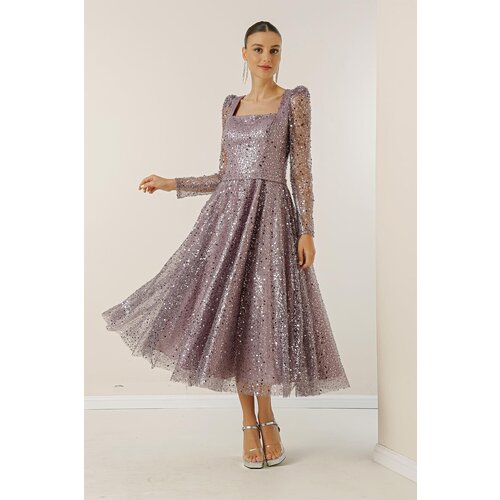 By Saygı Square Neck Long Sleeve Lined Sequined Beaded Dress Cene