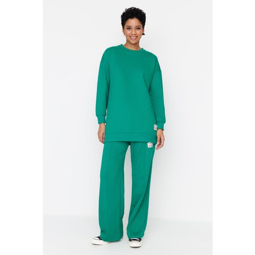 Trendyol dark green crew neck knitted tracksuit set with ornamental label Cene