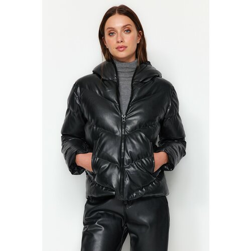 Trendyol Black Faux Leather Down Jacket Slike