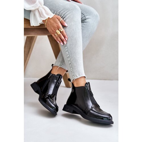 Kesi Leather patent leather women's ankle boots with zip D&A black Cene