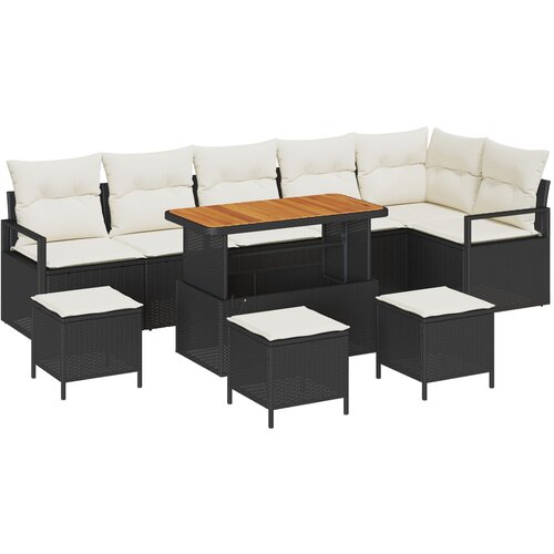VidaXL 10-dijelni set sofe za vrt s jastuцima crni poli ratan acacia, 2-sjedalna vrtna sofa s odlaganjem i jastucima crna poli ratan, 4-dijelni set za vrt s jastuцima crni poli ratan acacia Slike