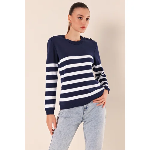 Bigdart 15820 Button Detail Striped Sweater - Navy Blue