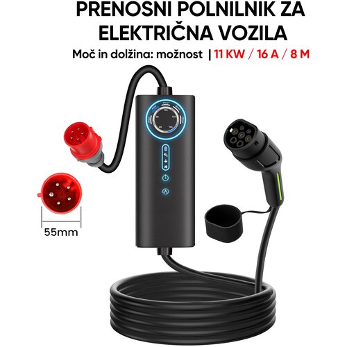 JUNSUN Tip 2 EV električni avtomobilski polnilni kabel &amp;ndash; 11 kW, nastavljiv tok 6&amp;ndash;16 A, prenosni polnilnik 8 m z vtičem CEE, trifazni, IP67, (5000231351) Slike