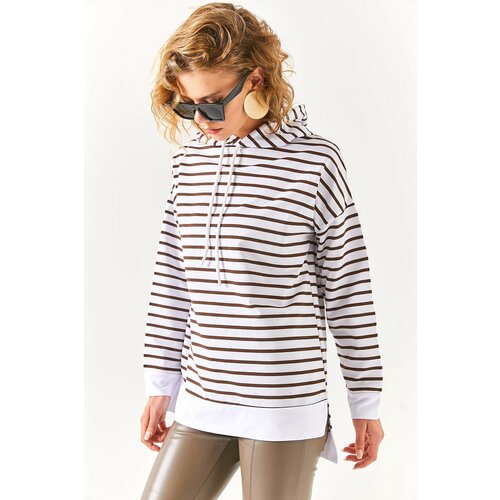Olalook Women's Bitter Brown White Hooded Striped Sweatshirt with Side Slits Slike