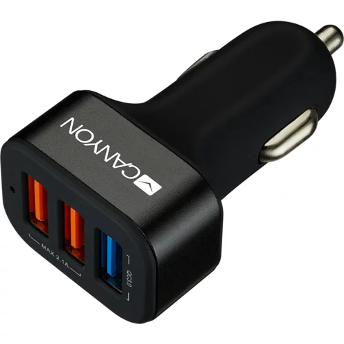 Canyon C-07 Universal 3xUSB car adapter(1 USB with Quick Charger QC3.0), Input 12-24V, Output USB/5V-2.1A+QC3.0/5V-2.4A&amp;9V-2A&amp;12V-1.5A, with Smart IC, black rubber coating+black metal ring+QC3.0 port with blue/other ports in orange, 66*35.2*25.1mm, 0.025