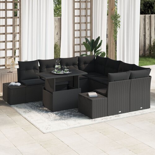 VidaXL Set vrtnih sofa Set od 9 Crna Ratan, Poliester, Staklo Slike