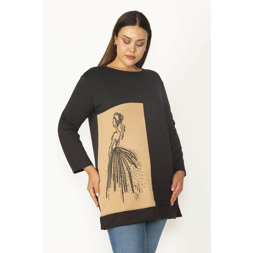 Şans Women's Plus Size Camel Print And Stone Detailed Color Combination Sweatshirt Slike