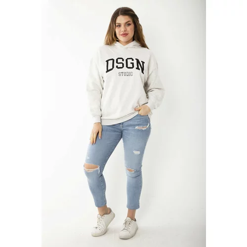 Şans Women's Plus Size Gray Inner Raising Embroidery And Hood Detail Sweatshirt
