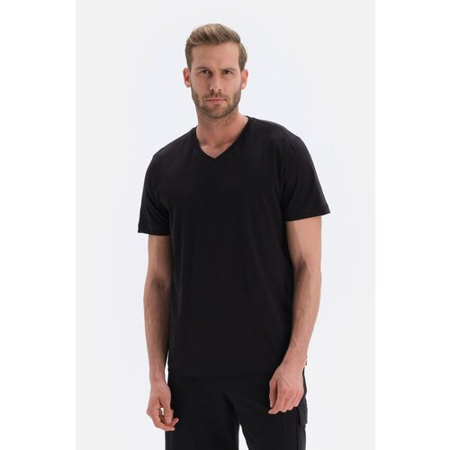 Dagi Black V-Neck Interlock Cotton Short Sleeve T-Shirt Slike