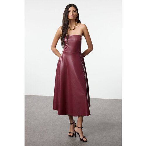 Trendyol Burgundy Faux Leather A-Line Strapless Knitted Dress Cene