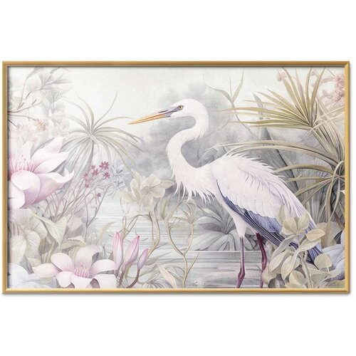  Plakat - Heron Wading in a Pond - illustration in light colors 90x60 Zlatni okvir Slike