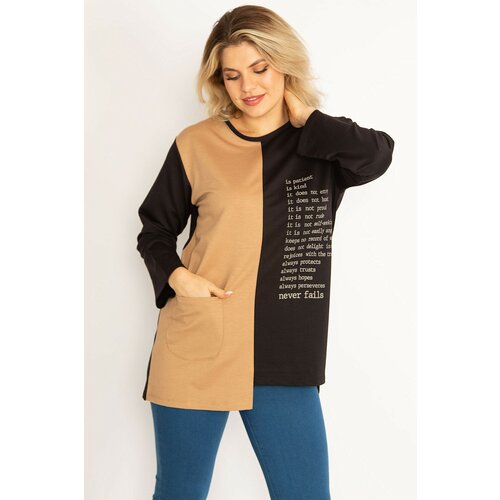 Şans Women's Plus Size Camel Print And Pocket Detailed Color Combination Sweatshirt Slike