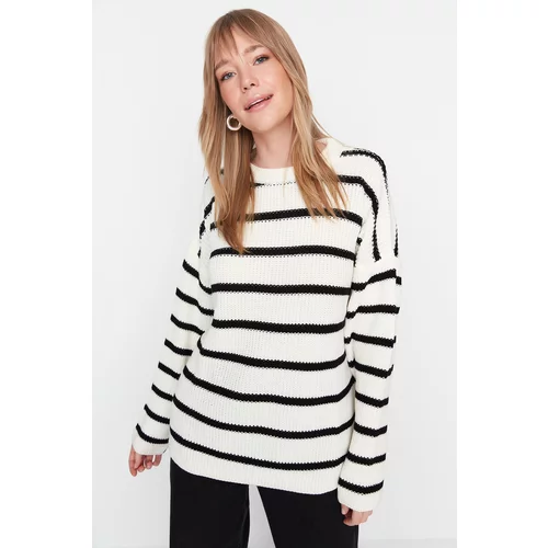 Trendyol Ecru Striped Oversize Knitwear Sweater