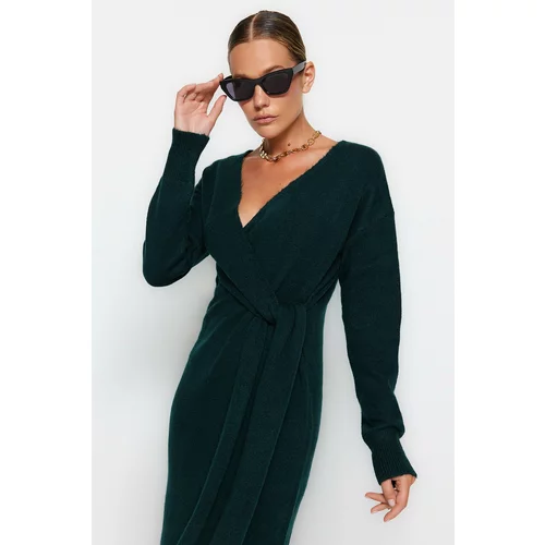 Trendyol Emerald Green Maxi Sweater Soft Textured, Double Breasted Collar Pile Dress