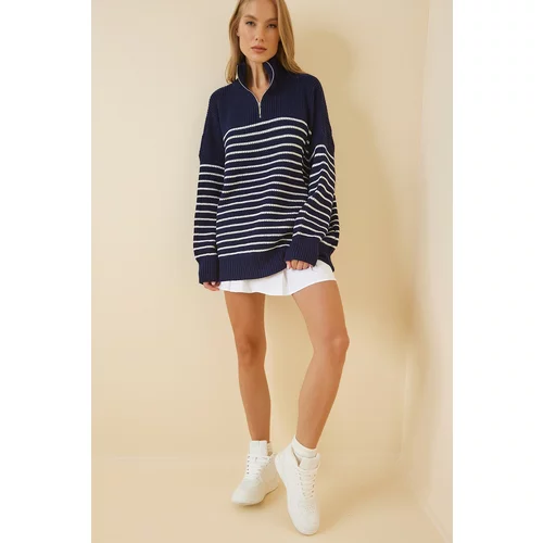 Happiness İstanbul Women's Navy Blue White Zippered Stand Up Collar Striped Oversize Sweater