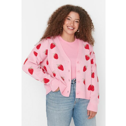 Trendyol Curve Pink Strawberry Patterned Knitwear Cardigan Slike