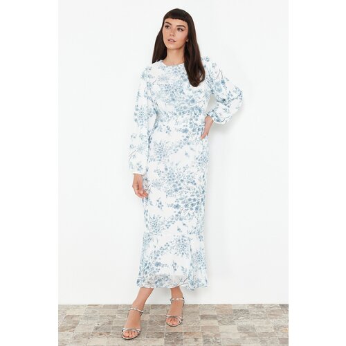 Trendyol Ecru Lined Floral Woven Chiffon Dress Slike