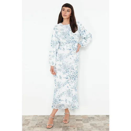 Trendyol Ecru Lined Floral Woven Chiffon Dress