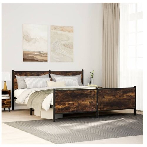 VidaXL Kovinski posteljni okvir brez vzmetnice dimljen hrast 193x203cm Slike