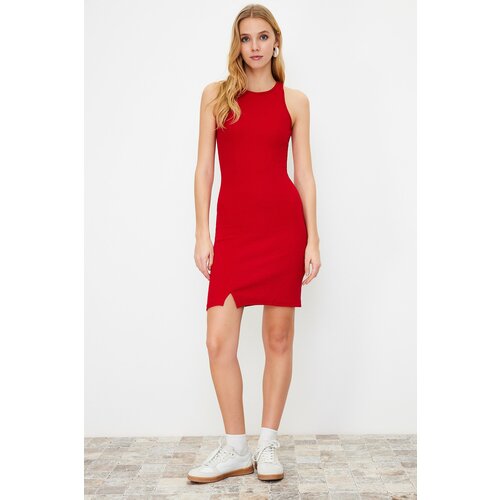 Trendyol Red Slit Detailed Fitted Halter Neck Mini Ribbed Stretchy Knitted Dress Cene