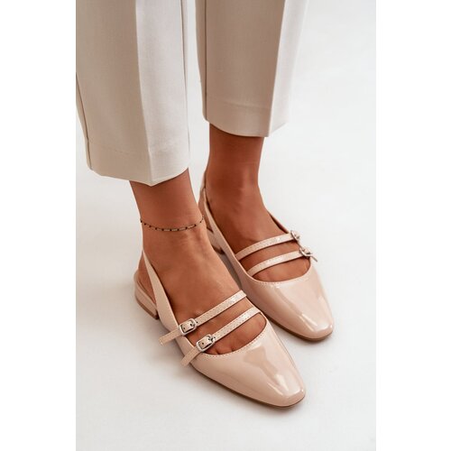 FD1 Lacquered Ballet Flats With Straps On Low Heel Beige Bialettia Cene