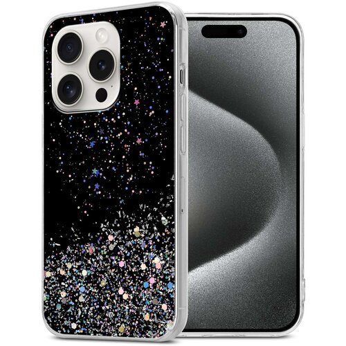 Cadorabo Ohi&amp;scaron;je, združljivo z Apple iPhone 15 PRO in črna z ble&amp;scaron;čicami - Za&amp;scaron;čitni ovitek iz prožnega silikona TPU s svetlečimi ble&amp;scaron;čicami, (20859964) Slike