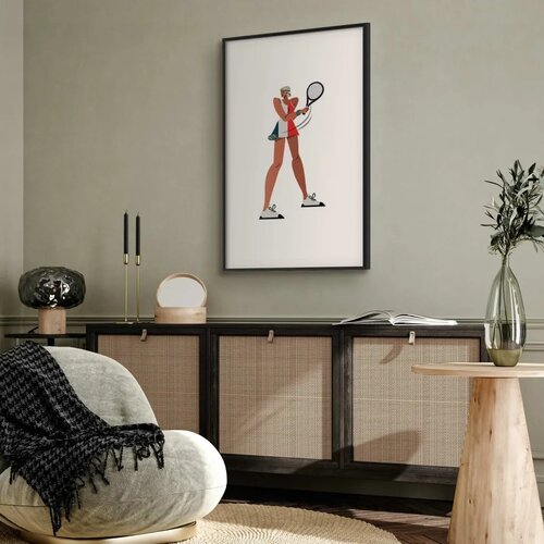  Plakat - Tennis Player with a Racket on a White Background - Illustration 40x60 Crni okvir s margom Cene