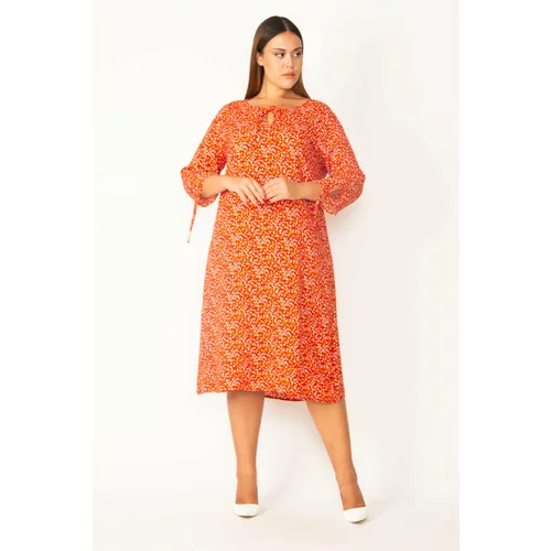 Şans Women's Red Collar And Sleeve Lace Detail Woven Viscose Fabric Crispy Patterned Dress
