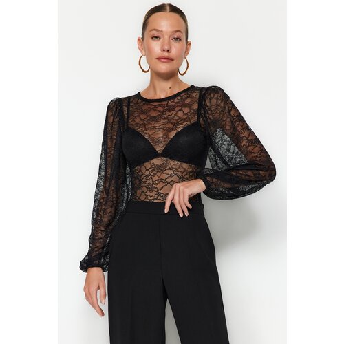 Trendyol Black Ruffle Detailed Crew Neck Lace Knitted Body With Snap Button Cene