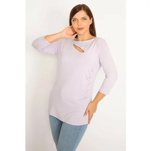 Şans Women's Plus Size Lilac Collar Stone And Side Gathered Detailed Blouse