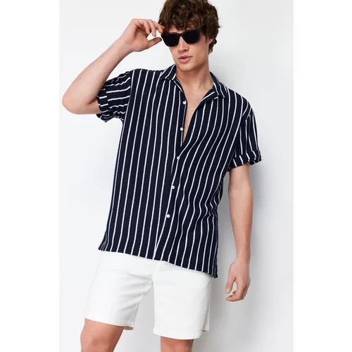 Trendyol Navy Blue Striped Men's Relaxed Fit Knitwear Look Wide Collar Shirt