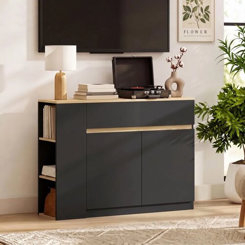  Komoda bife veliki pretinac za ormar polica na 3 razine ladica crna 110 x 29 5 x 82 cm Slike