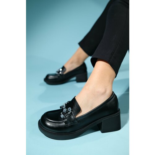 LuviShoes ANGLO Black Skin Stone Buckle Women's Thick Heeled Shoes Slike