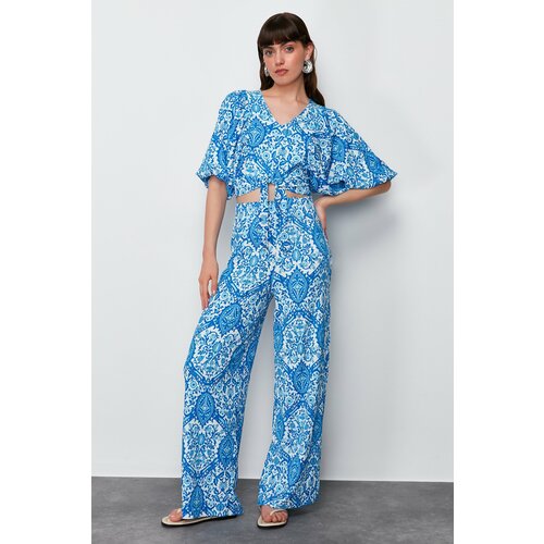 Trendyol Blue Printed V Neck Balloon Sleeve Relaxed/Comfortable Cut Textured Flexible Knitted Two Piece Set Slike