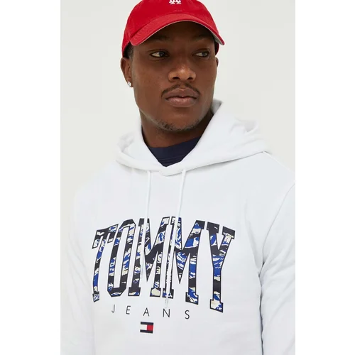 Tommy Jeans Bombažen pulover moška, bela barva, s kapuco