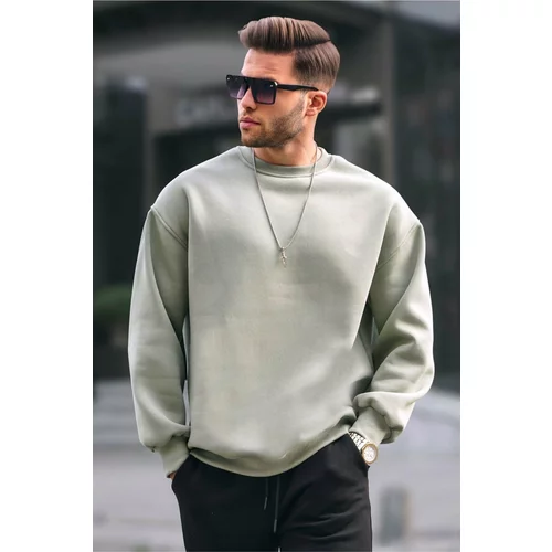 Madmext Mint Green Crew Neck Oversized Branded Basic Men's Sweatshirt 6048