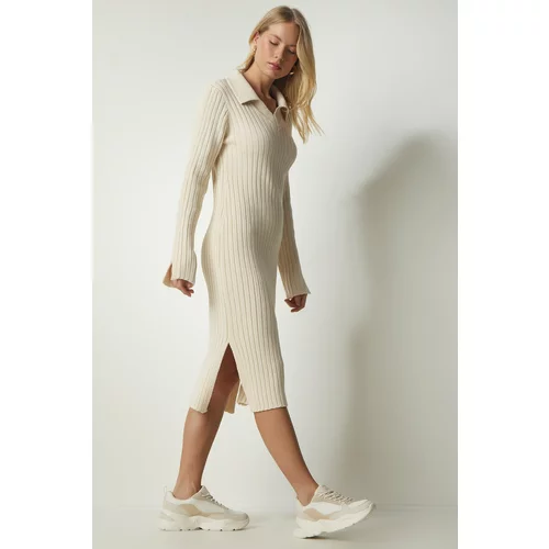 Happiness İstanbul Women's Cream Polo Neck Ribbed Knitwear Dress