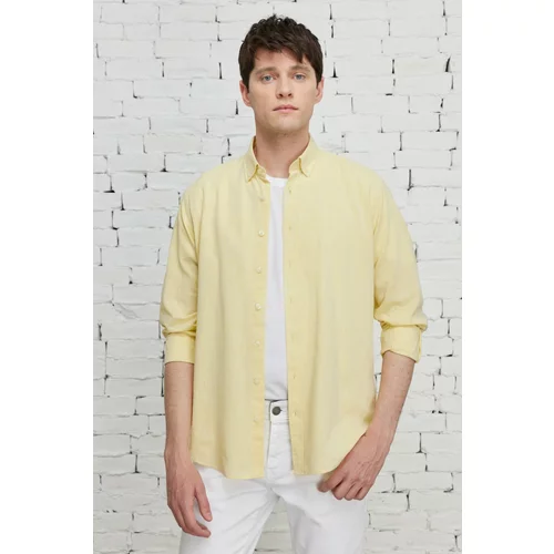Altinyildiz classics Men's Yellow Comfort Fit Relaxed-Cut Buttoned Collar Casual Linen Shirt.