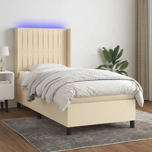vidaXL Box spring postelja z vzmetnico LED krem 80x200 cm blago