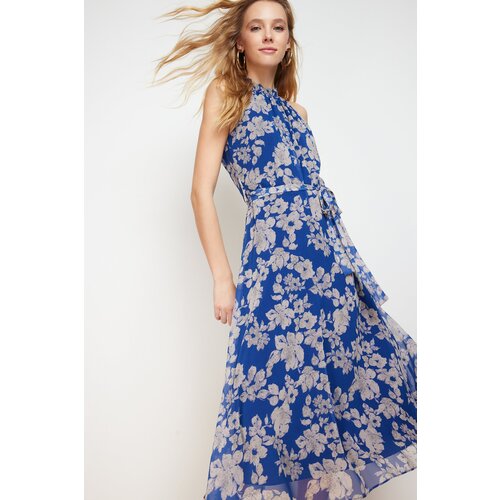 Trendyol Navy Blue Belted A-Line Midi Lined Halter Neck Sleeveless Floral Print Woven Dress Slike