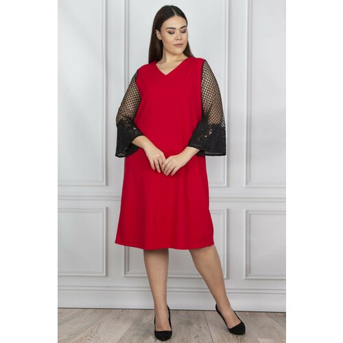 Şans Women's Plus Size Red Lace Detailed Dress Slike