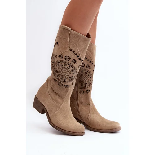 Zazoo 4043 Suede Boots with Low Heel Beige Openwork