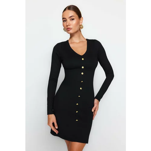 Trendyol Black V-Neck Knitted Mini Dress with Interlock Button Detail
