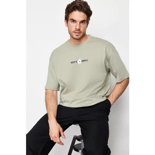 Trendyol Mint Men's Oversize/Wide-Fit Floral-Text Print Short Sleeve 100% Cotton T-Shirt