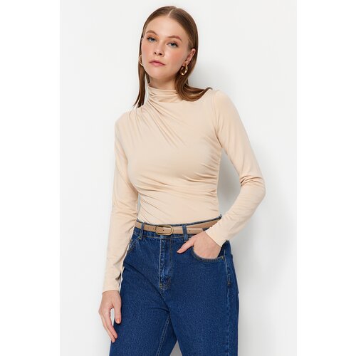 Trendyol Stone Gathered Detail High Neck Snaps Elastic Knitted Bodysuit Slike