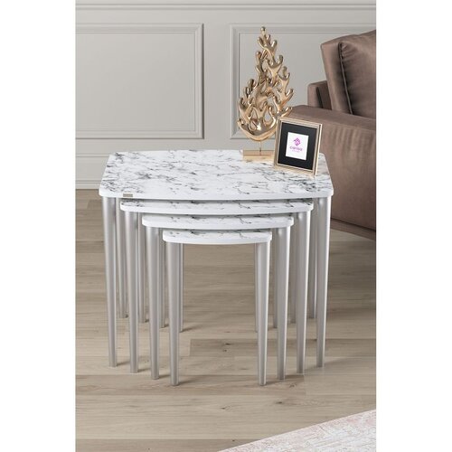Hanah home set od 4 umetnutih stočića Telwe, beli mermer / srebrni Cene